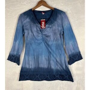 VTG Glima Womens S Top Blue Tie Dye Ruched Boho Y2K 3/4 Sleeve Festival Shirt